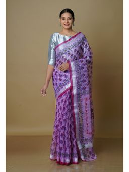 Unnati Silks - Pink Pure Kota Block Printed Cotton Saree with Unstitched Blouse