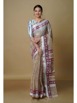 Unnati Silks - Cream Pure Kota Block Printed Cotton Saree with Unstitched Blouse