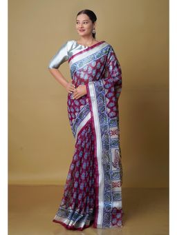 Unnati Silks - Maroon Pure Kota Block Printed Cotton Saree with Unstitched Blouse