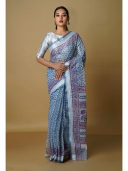 Unnati Silks - Airforce Blue Pure Kota Block Printed Cotton Saree with Unstitched Blouse