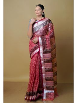 Unnati Silks - Red Pure Kota Block Printed Cotton Saree with Unstitched Blouse