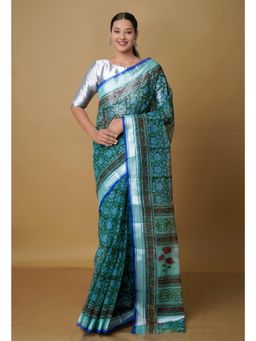 Unnati Silks - Green Pure Kota Block Printed Cotton Saree with Unstitched Blouse