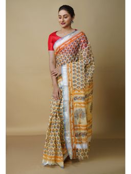 Unnati Silks - Light Yellow Pure Kota Block Printed Cotton Saree with Unstitched Blouse
