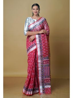 Unnati Silks - Red Pure Kota Block Printed Cotton Saree with Unstitched Blouse