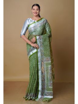 Unnati Silks - Green Pure Kota Block Printed Cotton Saree with Unstitched Blouse