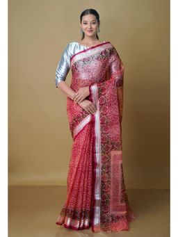 Unnati Silks - Red Pure Kota Block Printed Cotton Saree with Unstitched Blouse