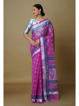 Unnati Silks - Pink Pure Kota Block Printed Cotton Saree with Unstitched Blouse