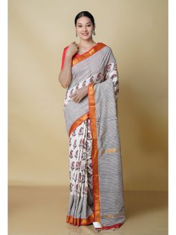 Unnati Silks - Cream Pure Preet Bagru Printed Chanderi Soft Saree with Unstitched Blouse