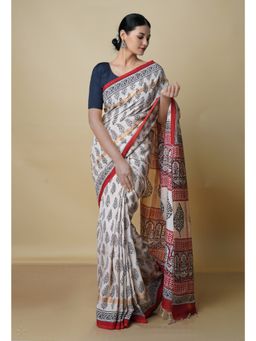 Unnati Silks - Off White Pure Preet Bagru Printed Chanderi Sico Saree with Unstitched Blouse