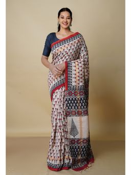 Unnati Silks - Cream Pure Preet Bagru Printed Chanderi Sico Saree with Unstitched Blouse