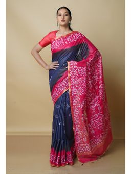Unnati Silks - Navy Blue Pure Batik Chanderi Saree with Unstitched Blouse