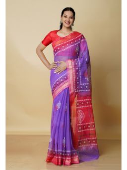 Unnati Silks - Purple Pure Block Printed Kota Cotton Saree with Unstitched Blouse