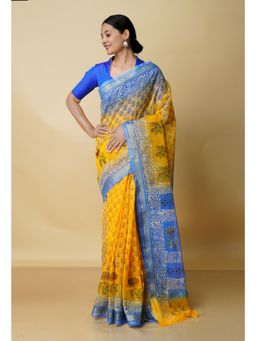 Unnati Silks - Yellow Pure Block Printed Kota Cotton Saree with Unstitched Blouse