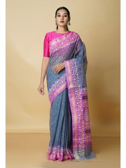 Unnati Silks - Blue Pure Block Printed Kota Cotton Saree with Unstitched Blouse