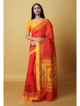 Unnati Silks - Red Pure Block Printed Kota Cotton Saree with Unstitched Blouse