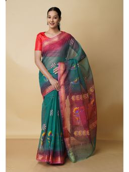 Unnati Silks - Pine Green Pure Block Printed Kota Cotton Saree with Unstitched Blouse