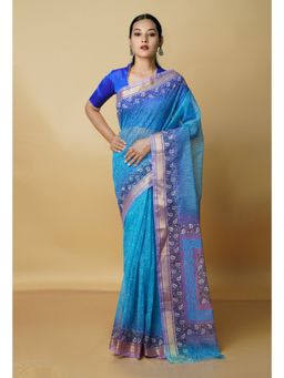 Unnati Silks - Blue Pure Block Printed Kota Cotton Saree with Unstitched Blouse