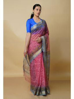Unnati Silks - Pink Pure Block Printed Kota Cotton Saree with Unstitched Blouse
