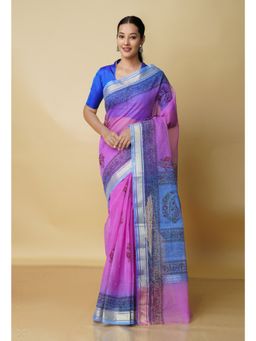 Unnati Silks - Pink Pure Block Printed Kota Cotton Saree with Unstitched Blouse