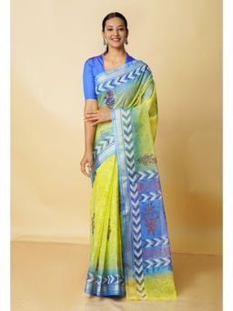 Unnati Silks - Green Pure Block Printed Kota Cotton Saree with Unstitched Blouse