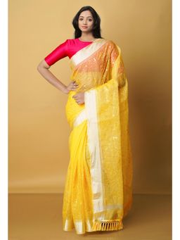 Unnati Silks - Yellow Pure Kota Sequence Embroidery Cotton Saree with Unstitched Blouse