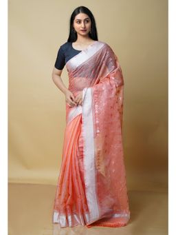 Unnati Silks - Peach Pure Kota Sequence Embroidery Cotton Saree with Unstitched Blouse