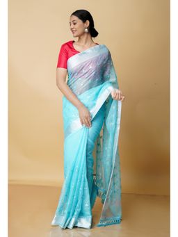 Unnati Silks - Blue Pure Kota Sequence Embroidery Cotton Saree with Unstitched Blouse