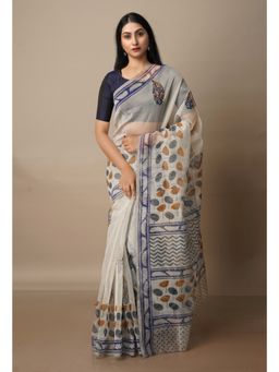 Unnati Silks - Off White Banarasi Block Printed Meghalaya Pochampally Saree with Unstitched Blouse