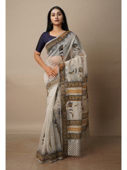 Unnati Silks - Banarasi Block Printed Meghalaya Kalamkari Saree with Unstitched Blouse