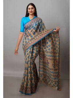 Unnati Silks - Beige Block Printed Chanderi Sico Saree with Unstitched Blouse