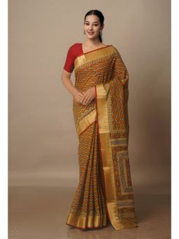 Unnati Silks - Cream Block Printed Chanderi Sico Saree with Unstitched Blouse