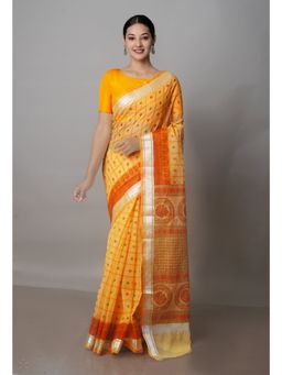 Unnati Silks - Yellow Pure Block Printed Kota Cotton Saree with Unstitched Blouse