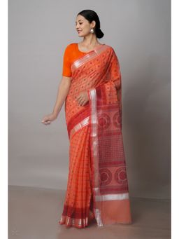 Unnati Silks - Orange Pure Block Printed Kota Cotton Saree with Unstitched Blouse