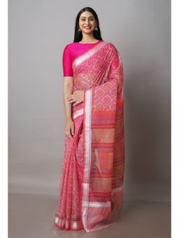 Unnati Silks - Carnation Pink Pure Block Printed Kota Cotton Saree with Unstitched Blouse