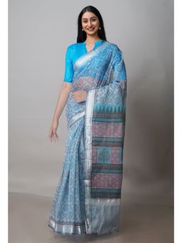Unnati Silks - Blue Pure Block Printed Kota Cotton Saree with Unstitched Blouse