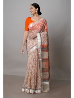 Unnati Silks - Beige Pure Block Printed Kota Cotton Saree with Unstitched Blouse
