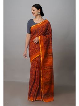Unnati Silks - Orange Art Chanderi Bagh Printed Cotton Saree with Unstitched Blouse