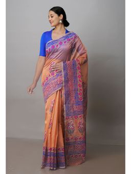 Unnati Silks - Orange Banarasi Block Printed Meghalaya Kalamkari Saree with Unstitched Blouse