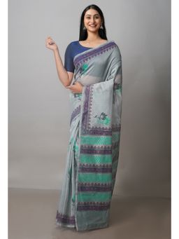 Unnati Silks - Grey Banarasi Block Printed Meghalaya Kalamkari Saree with Unstitched Blouse