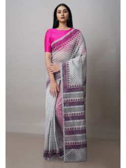 Unnati Silks - Grey Banarasi Block Printed Meghalaya Saree with Unstitched Blouse