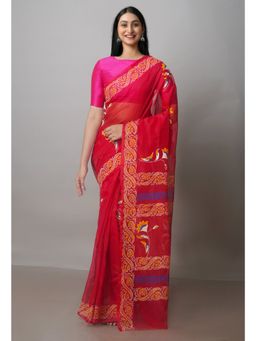 Unnati Silks - Red Banarasi Block Printed Meghalaya Kalamkari Saree with Unstitched Blouse