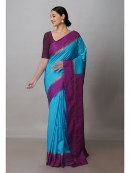 Unnati Silks - Blue Mangalagiri Saree with Unstitched Blouse