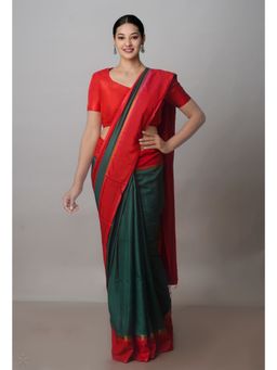 Unnati Silks - Dark Green Mangalagiri Saree with Unstitched Blouse