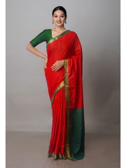Unnati Silks - Red Mangalagiri Saree with Unstitched Blouse
