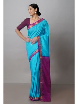 Unnati Silks - Blue Mangalagiri Saree with Unstitched Blouse