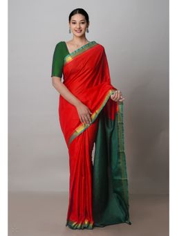 Unnati Silks - Red Mangalagiri Saree with Unstitched Blouse