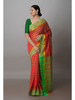Unnati Silks - Orange Pure Handloom Mangalagiri Cotton Saree with Unstitched Blouse