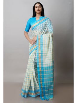 Unnati Silks - Turquoise Pure Handloom Mangalagiri Cotton Saree with Unstitched Blouse