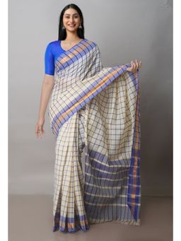 Unnati Silks - Off White Pure Handloom Mangalagiri Cotton Saree with Unstitched Blouse