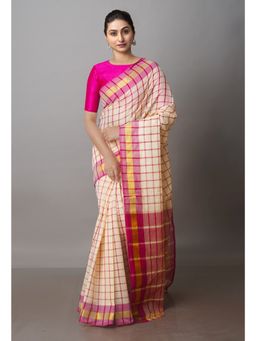 Unnati Silks - Cream Pure Handloom Mangalagiri Cotton Saree with Unstitched Blouse